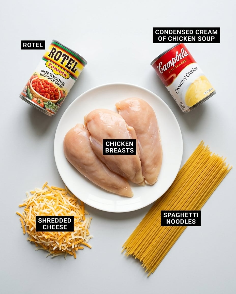 Fresh ingredients for Crock Pot Rotel Chicken Spaghetti Done Easy