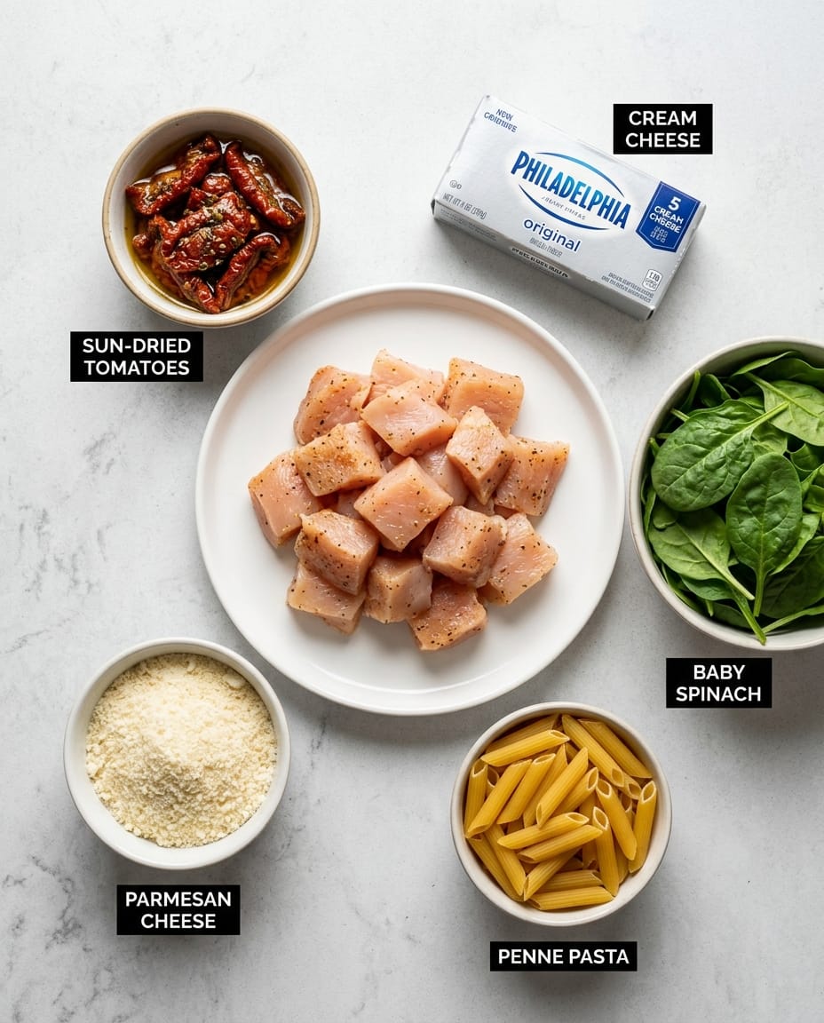 Ingredients for Crock Pot Tuscan Chicken Pasta (So Creamy)