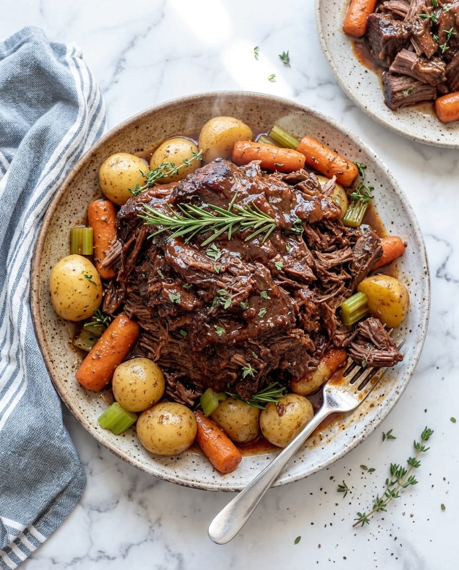 Best Slow Cooker Pot Roast with tender chuck roast, carrots, potatoes, and rich gravy in a cozy bowl
