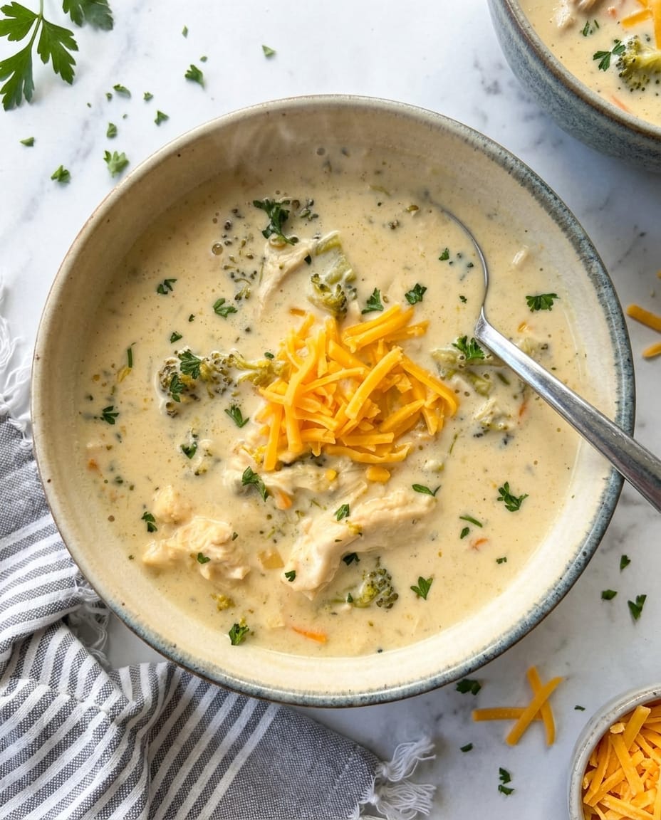 Broccoli cheddar soup slow cooker style with chicken, creamy cheese broth and bright broccoli in a bowl