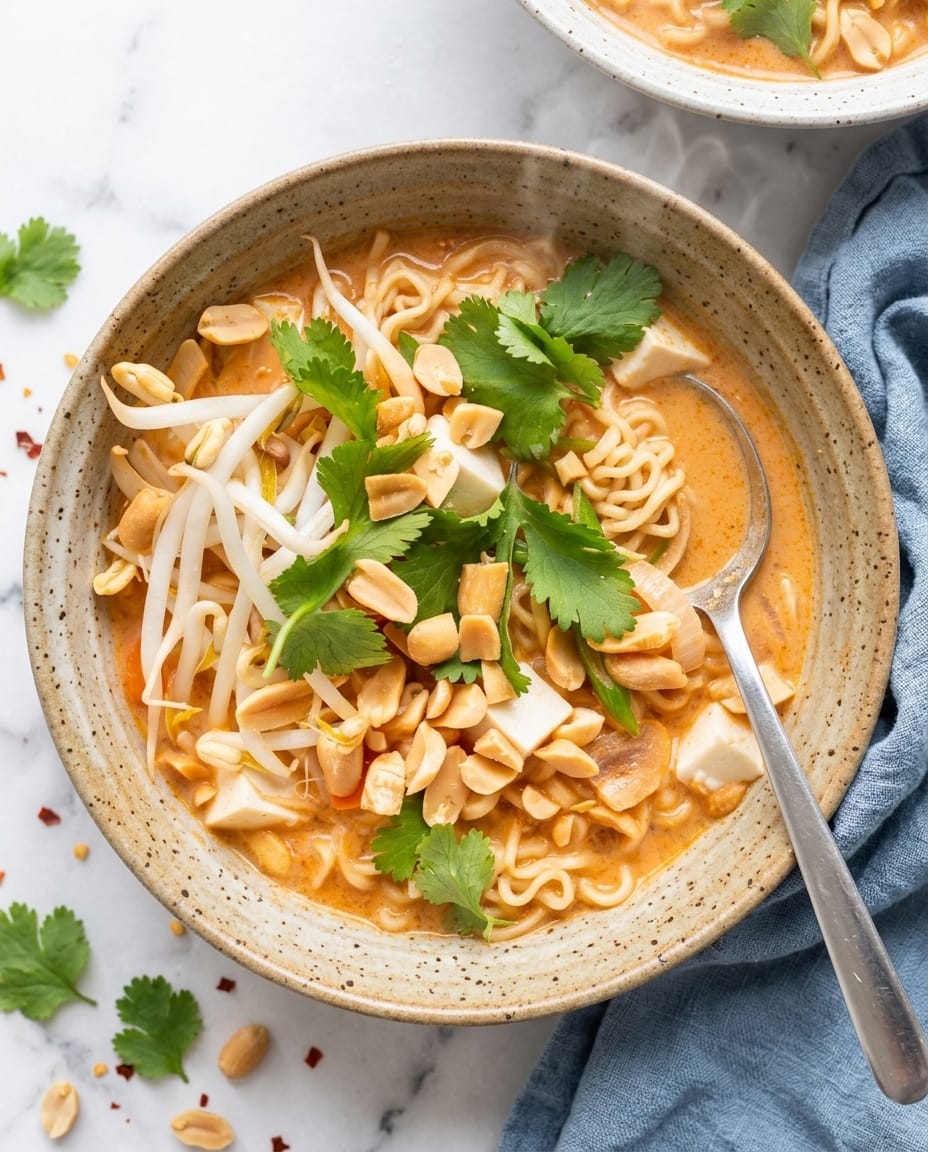 Creamy coconut curry ramen in a slow cooker bowl with red curry broth, ramen noodles, tofu, and toppings