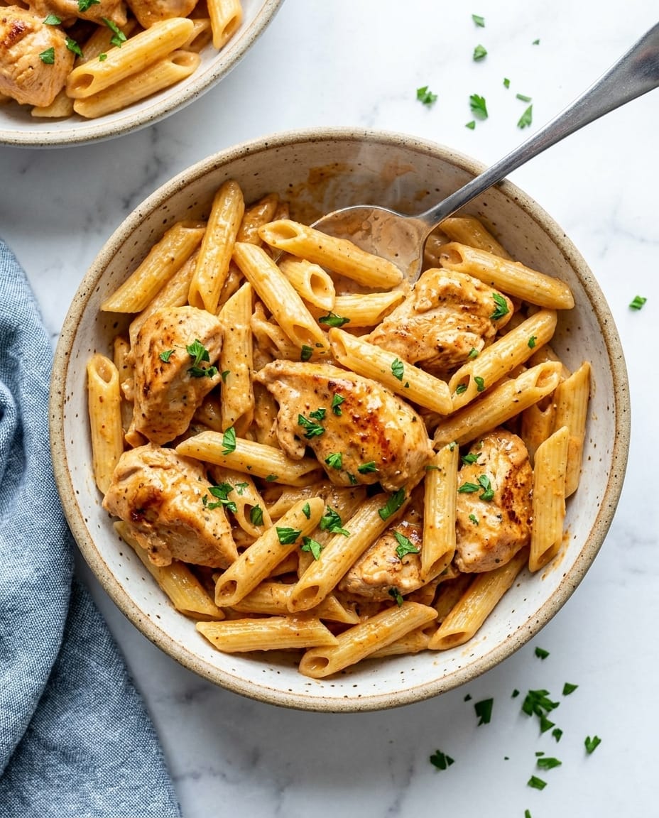 Creamy Cajun Chicken Pasta Crockpot in a bowl with shredded chicken, penne, bell peppers, and parsley