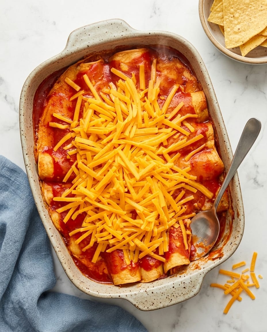 Crock-Pot Red Chicken Enchiladas in a baking dish with red sauce and bubbly melted cheese on top