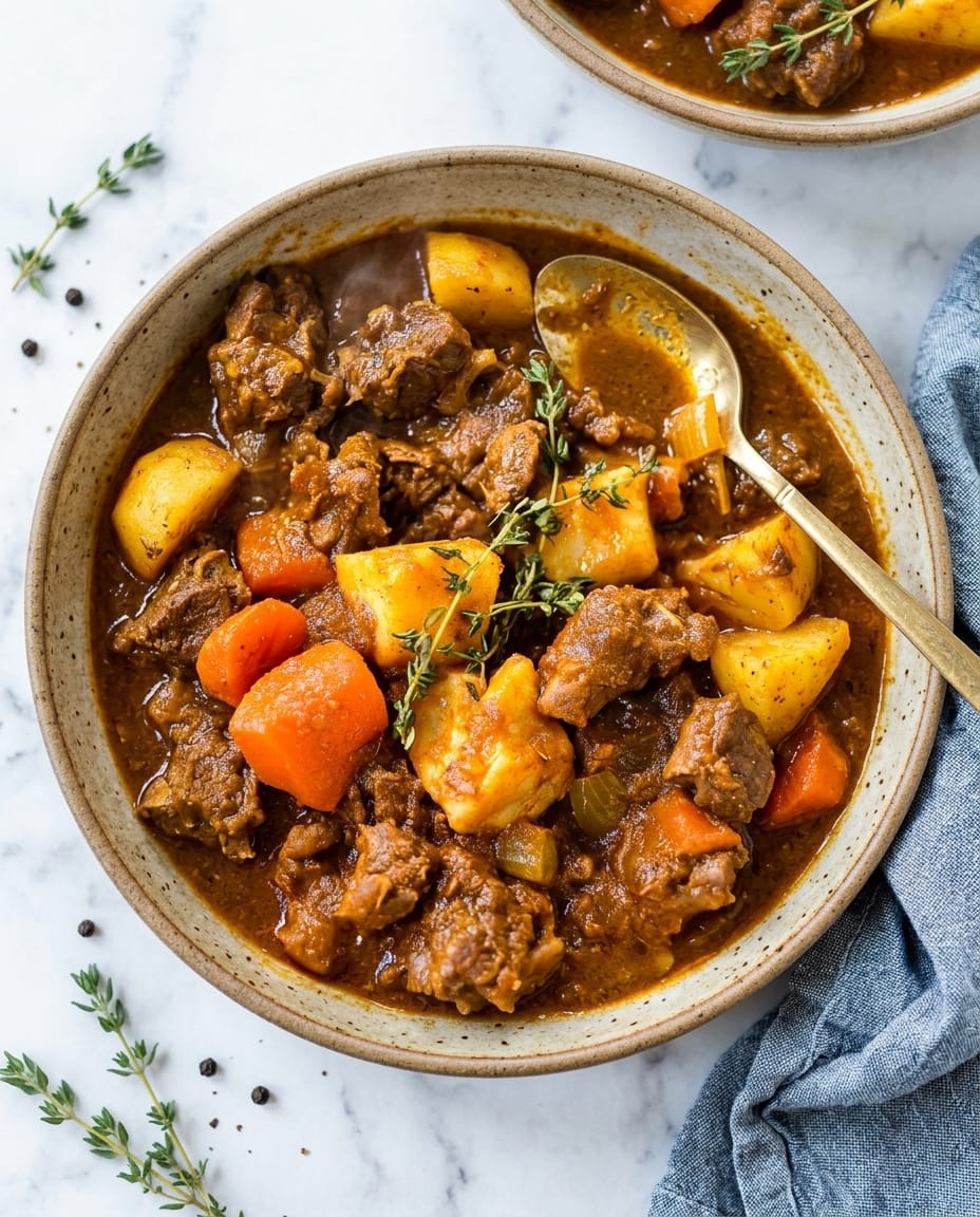Goat Curry Recipes: slow cooker Jamaican curried goat with coconut sauce, potatoes, and rich gravy in a bowl