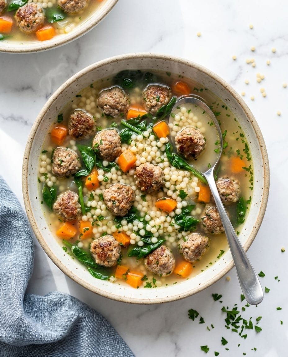 Italian Wedding Soup Recipe with juicy mini meatballs, spinach, and pasta in a garlicky chicken broth