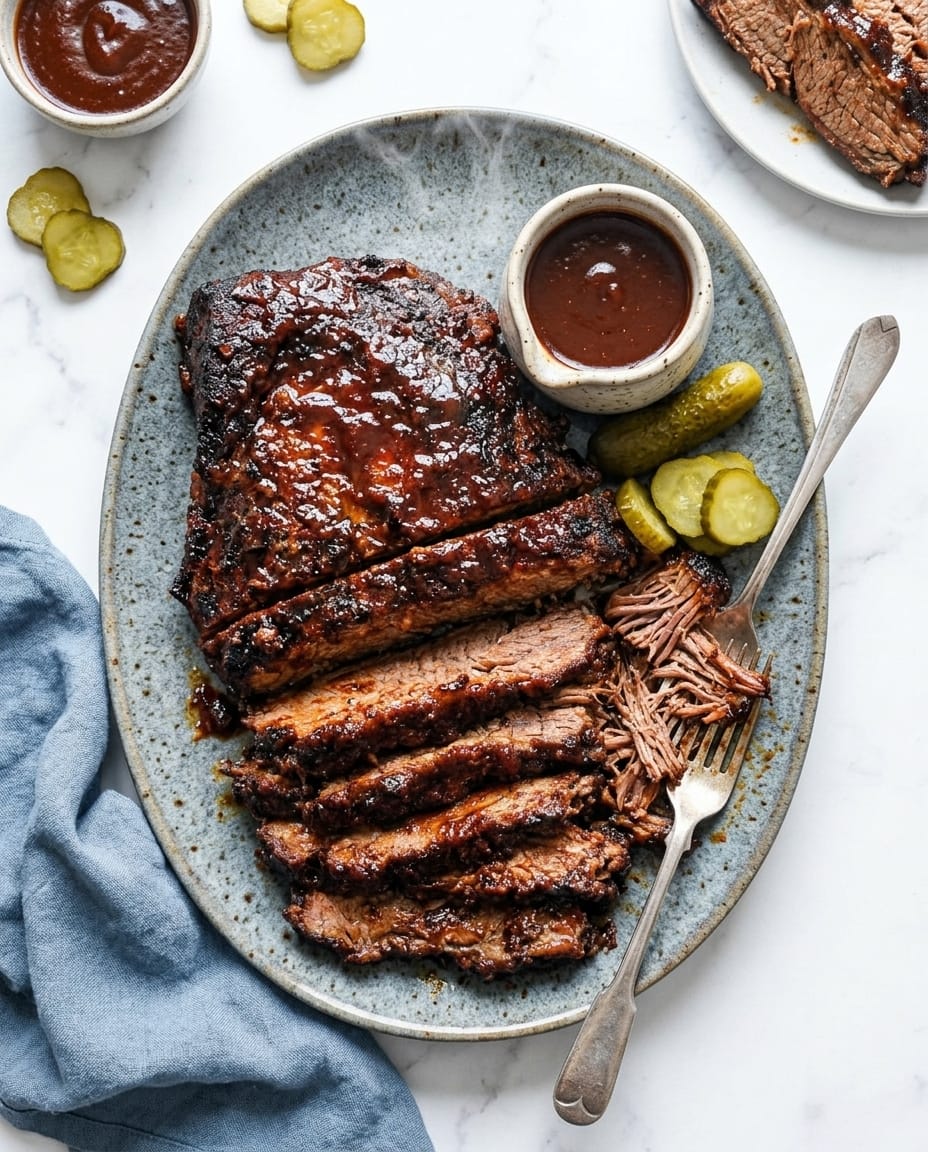 Slow Cooked BBQ Brisket sliced and glazed, fork-tender and juicy with sticky sauce, ready for sandwiches